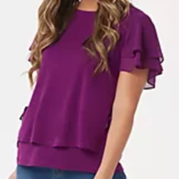 Susan Graver Liquid Knit Layered Top Chiffon Sleeves Violet Size L - Picture 4 of 6